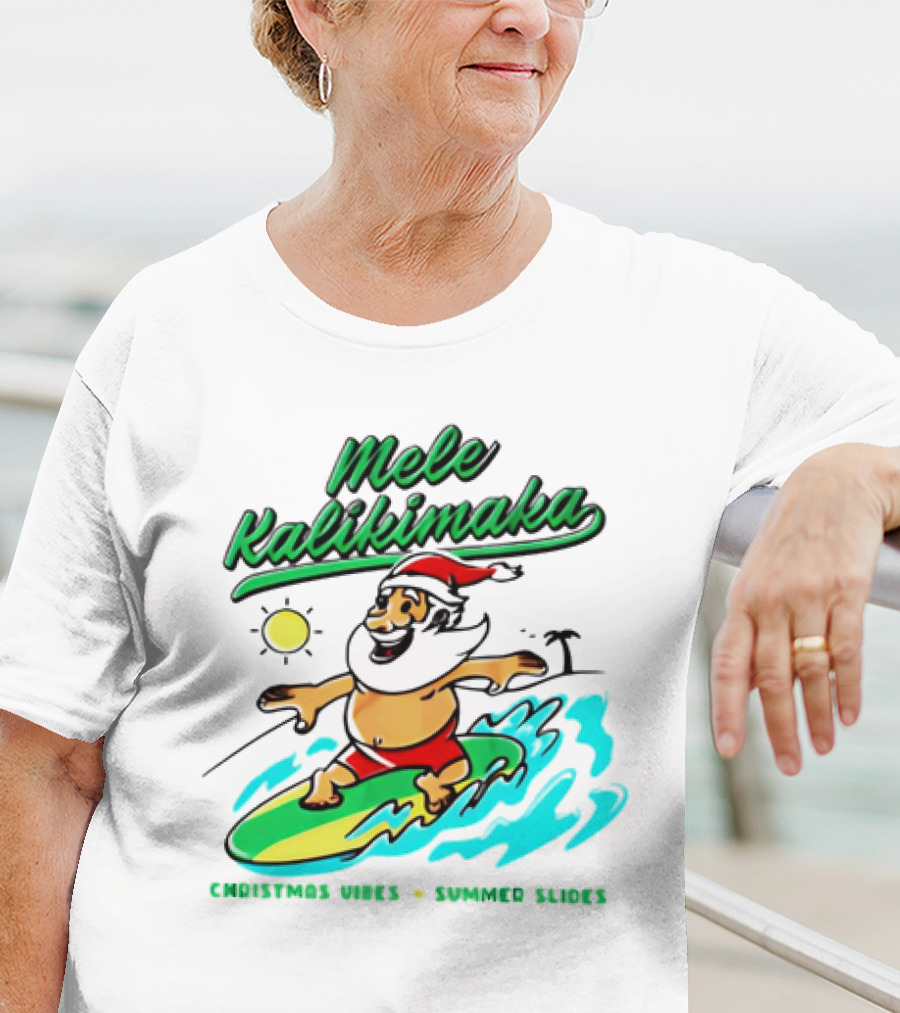 Mele Kalikimaka Santa Claus Surfing Christmas Vibes Summer Slides T-Shirt