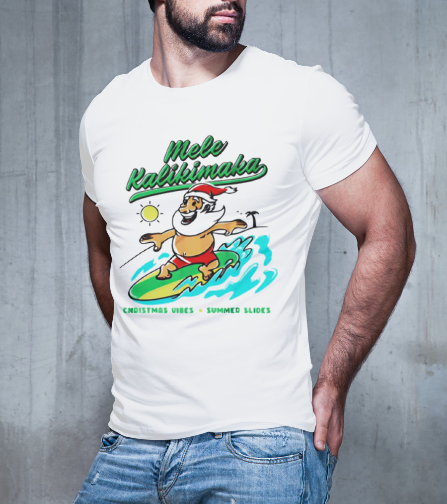 Mele Kalikimaka Santa Claus Surfing Christmas Vibes Summer Slides T-Shirt