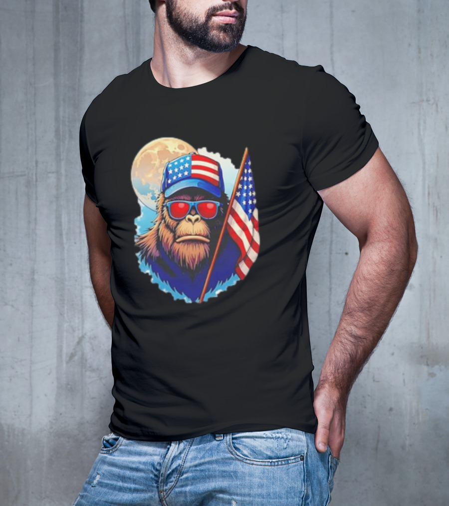 Bigfoot USA Flag Hat Sunglasses Patriotic Moon Background T-Shirt