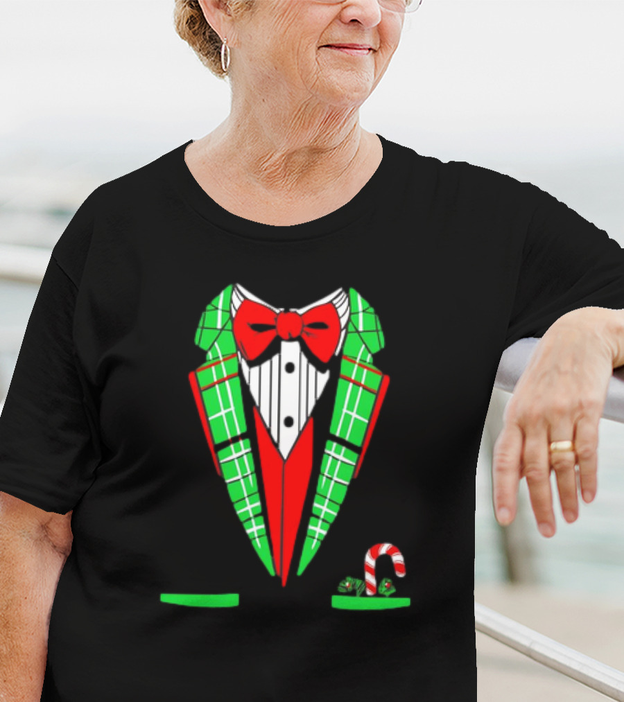 Santa Tuxedo Christmas Suit Candy Cane Plaid Bow Tie T-Shirt