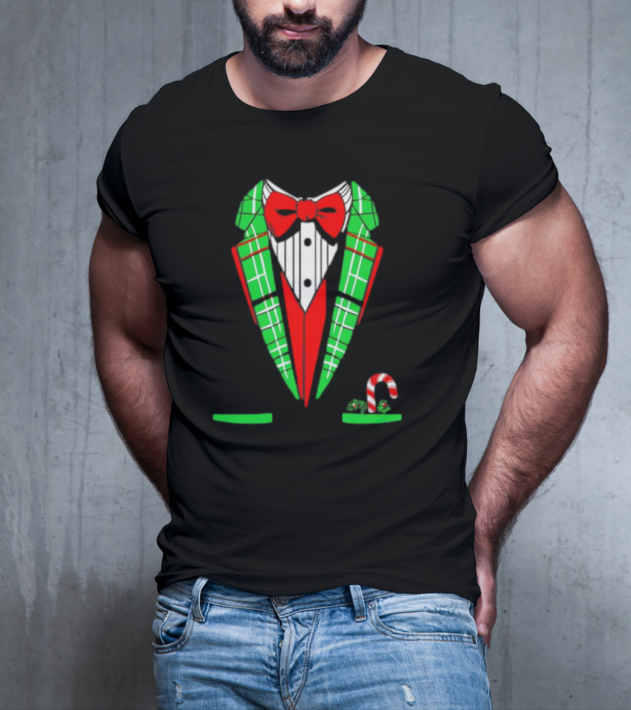 Santa Tuxedo Christmas Suit Candy Cane Plaid Bow Tie T-Shirt
