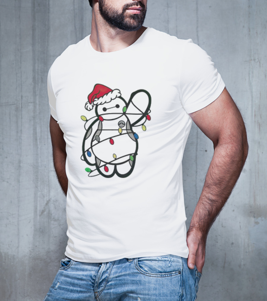 Baymax Wrapped In Christmas Lights Wearing Santa Hat T-Shirt