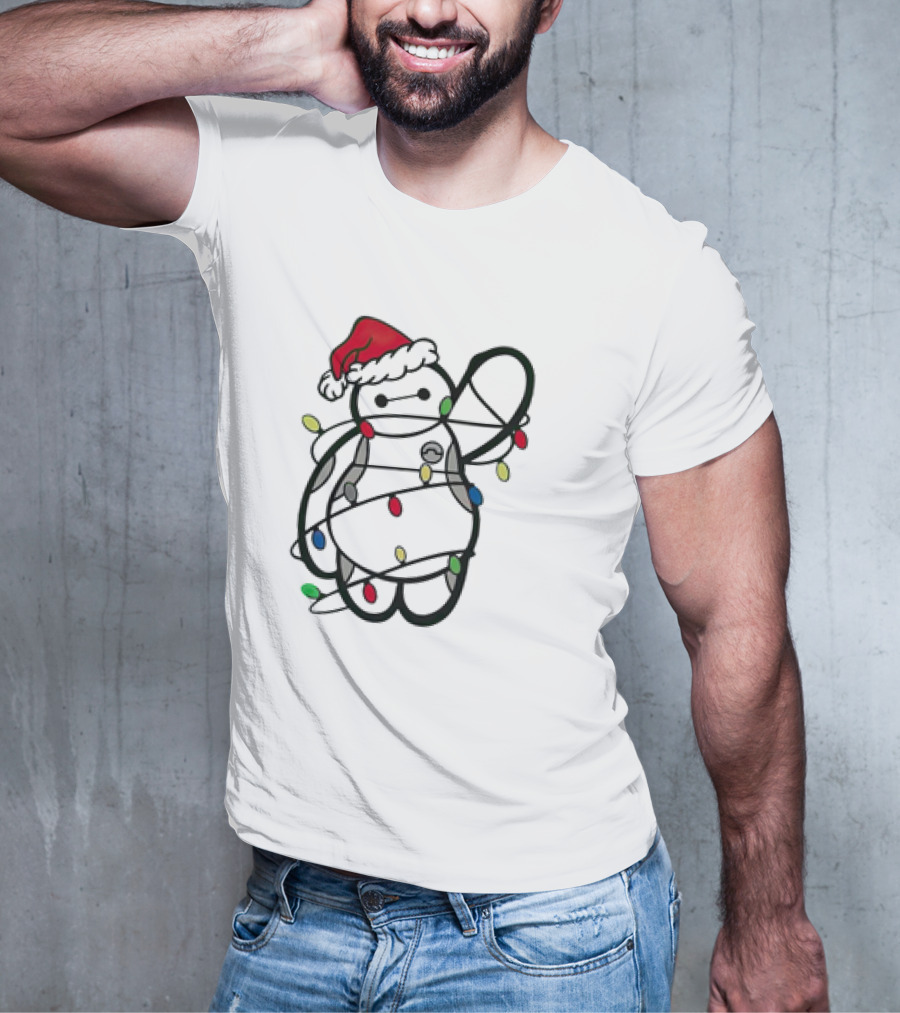 Baymax Wrapped In Christmas Lights Wearing Santa Hat T-Shirt