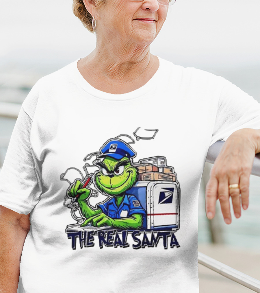 Grinch USPS The Real Santa Postal Delivery Holiday Fun T-Shirt
