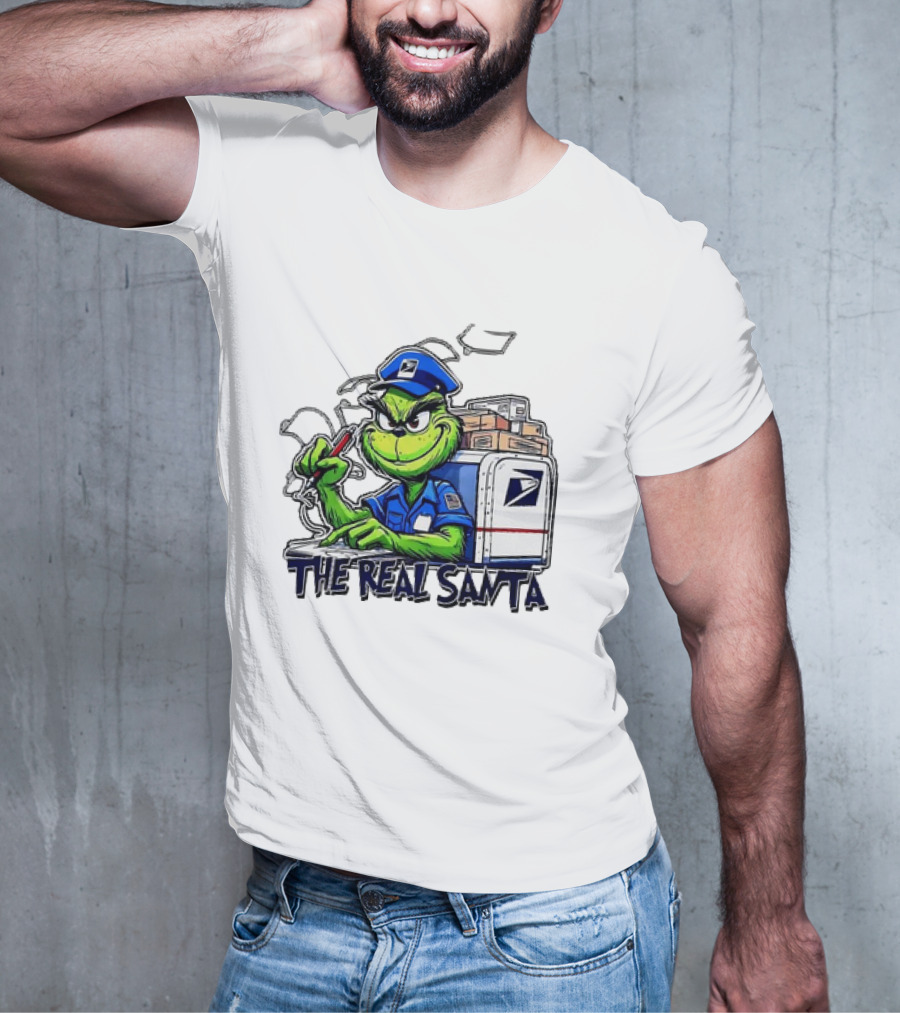Grinch USPS The Real Santa Postal Delivery Holiday Fun T-Shirt