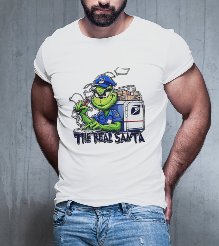 Grinch USPS The Real Santa Postal Delivery Holiday Fun T-Shirt