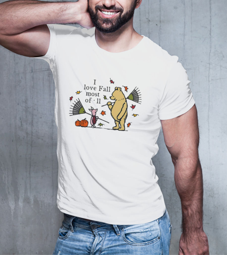 I Love Fall Most Of All Winnie The Pooh Piglet Raking Leaves Pumpkins T-Shirt