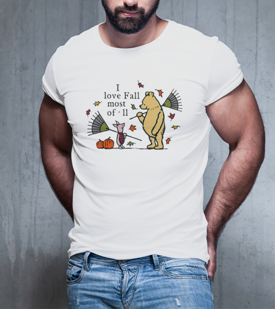 I Love Fall Most Of All Winnie The Pooh Piglet Raking Leaves Pumpkins T-Shirt