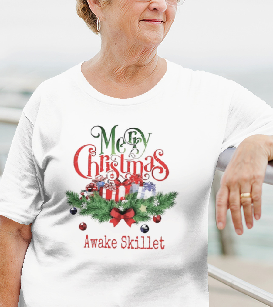 Merry Christmas Awake Skillet Festive Presents And Pine Garland T-Shirt