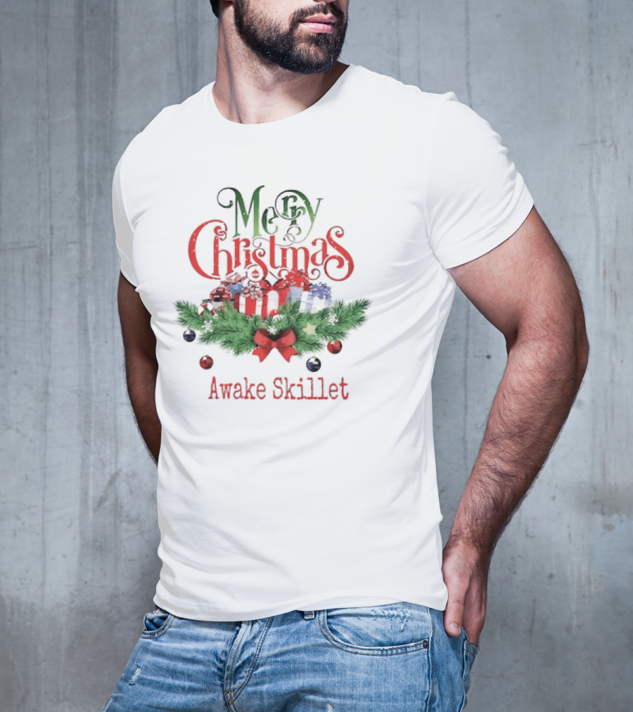 Merry Christmas Awake Skillet Festive Presents And Pine Garland T-Shirt