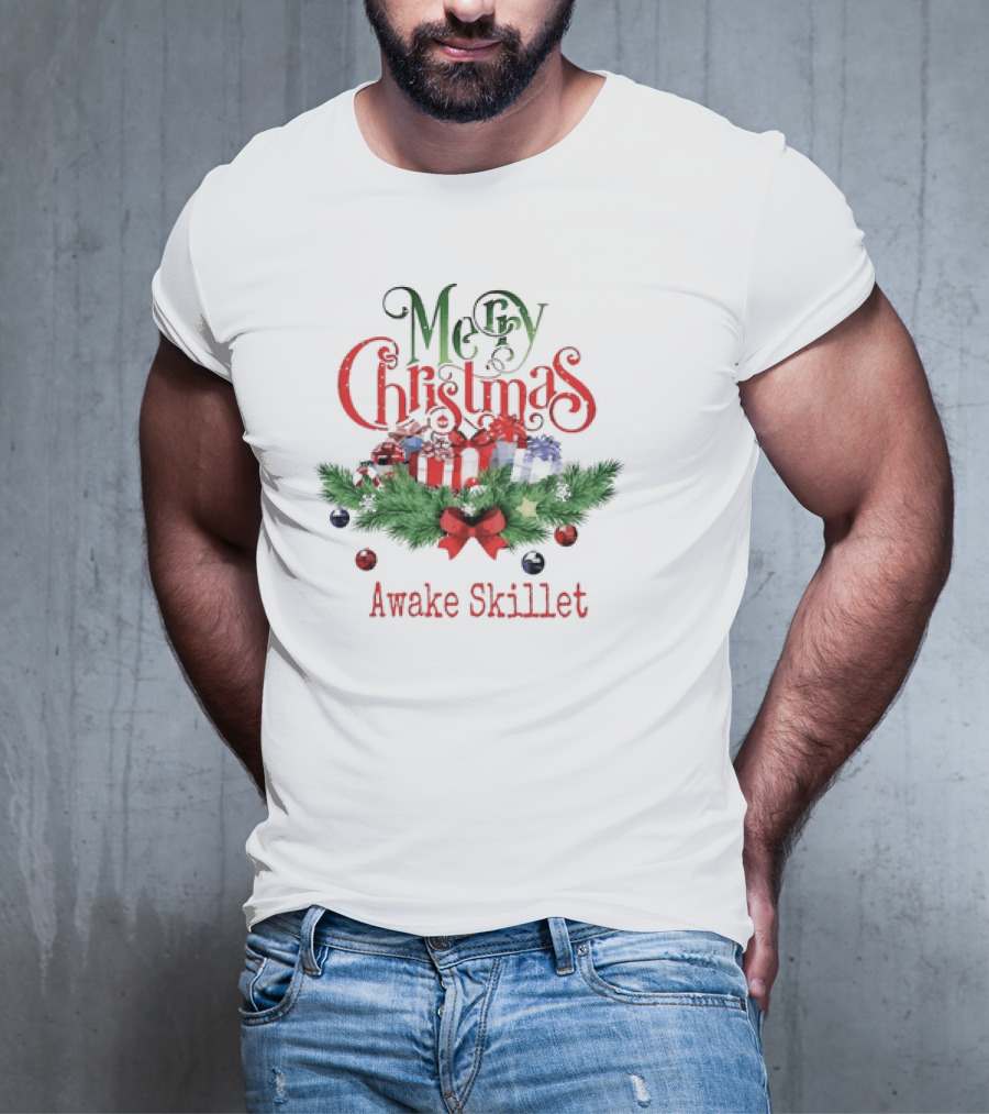 Merry Christmas Awake Skillet Festive Presents And Pine Garland T-Shirt