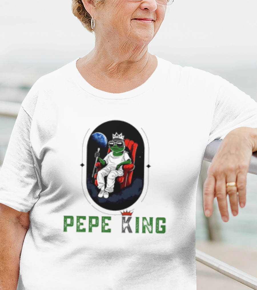 Pepe King Meme Coin Earth Throne Crown Chair T-Shirt