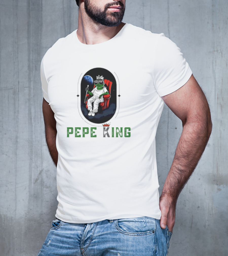 Pepe King Meme Coin Earth Throne Crown Chair T-Shirt