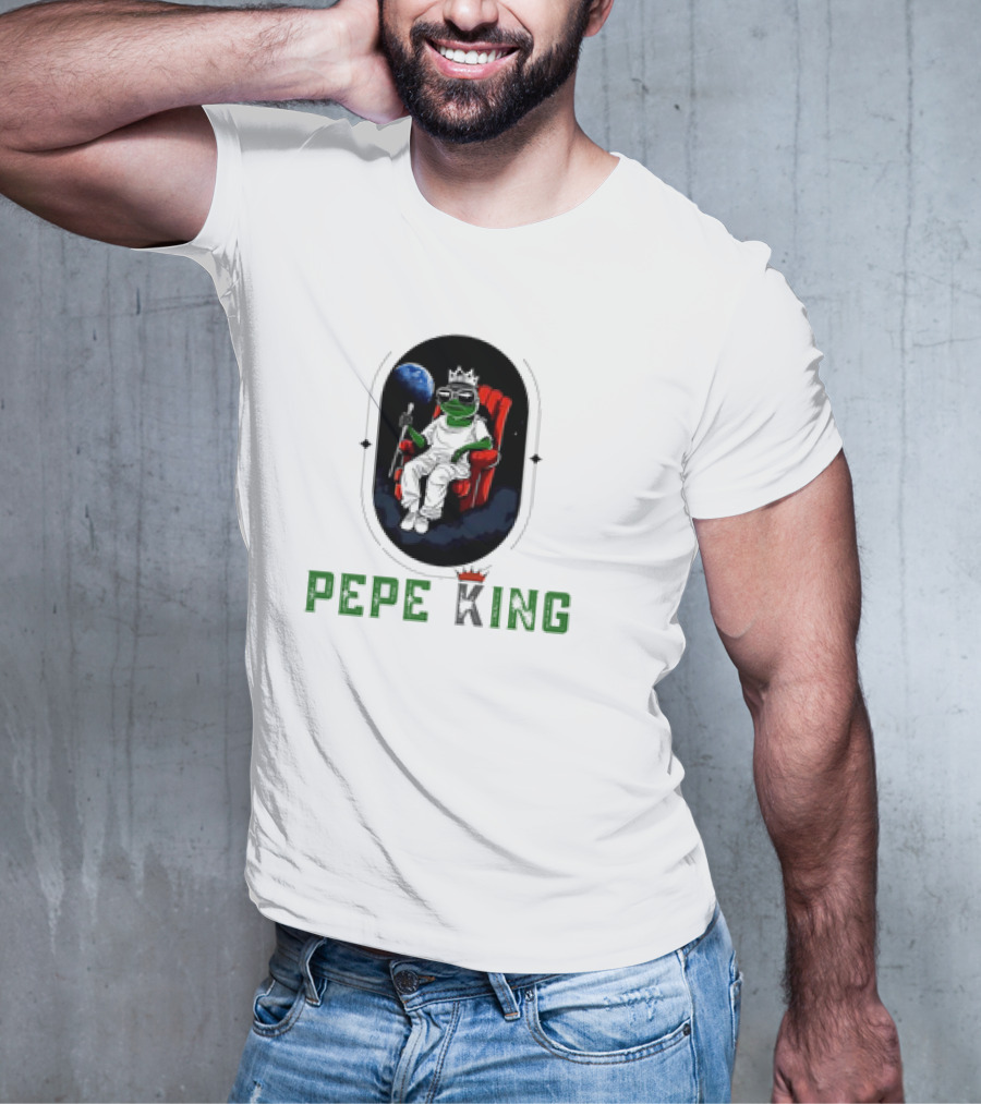 Pepe King Meme Coin Earth Throne Crown Chair T-Shirt