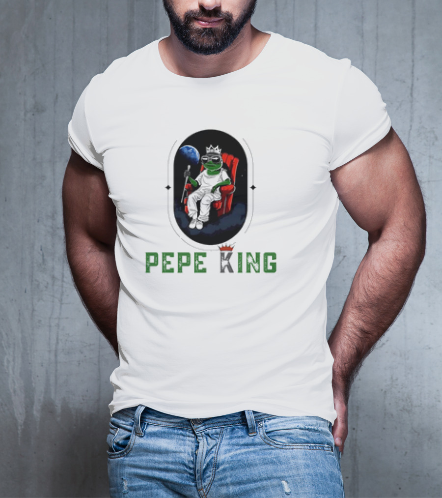 Pepe King Meme Coin Earth Throne Crown Chair T-Shirt