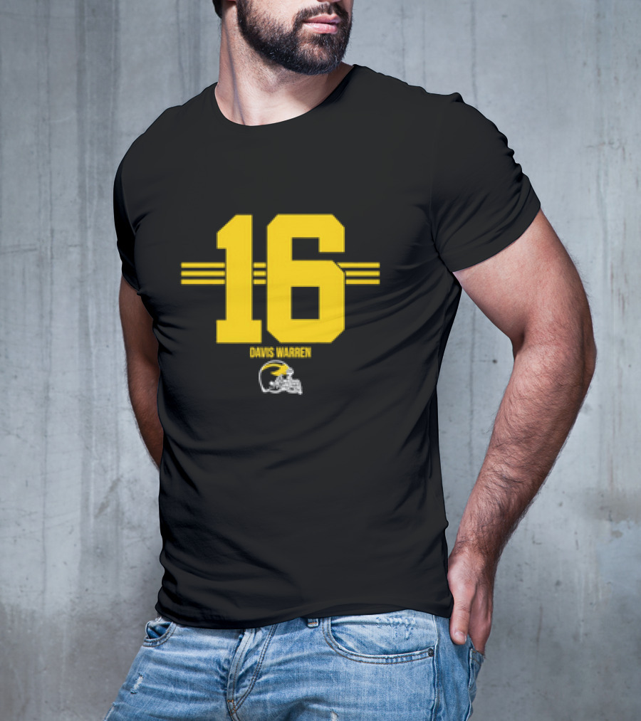 Michigan Football Davis Warren 16 Yellow Stripe Helmet T-Shirt