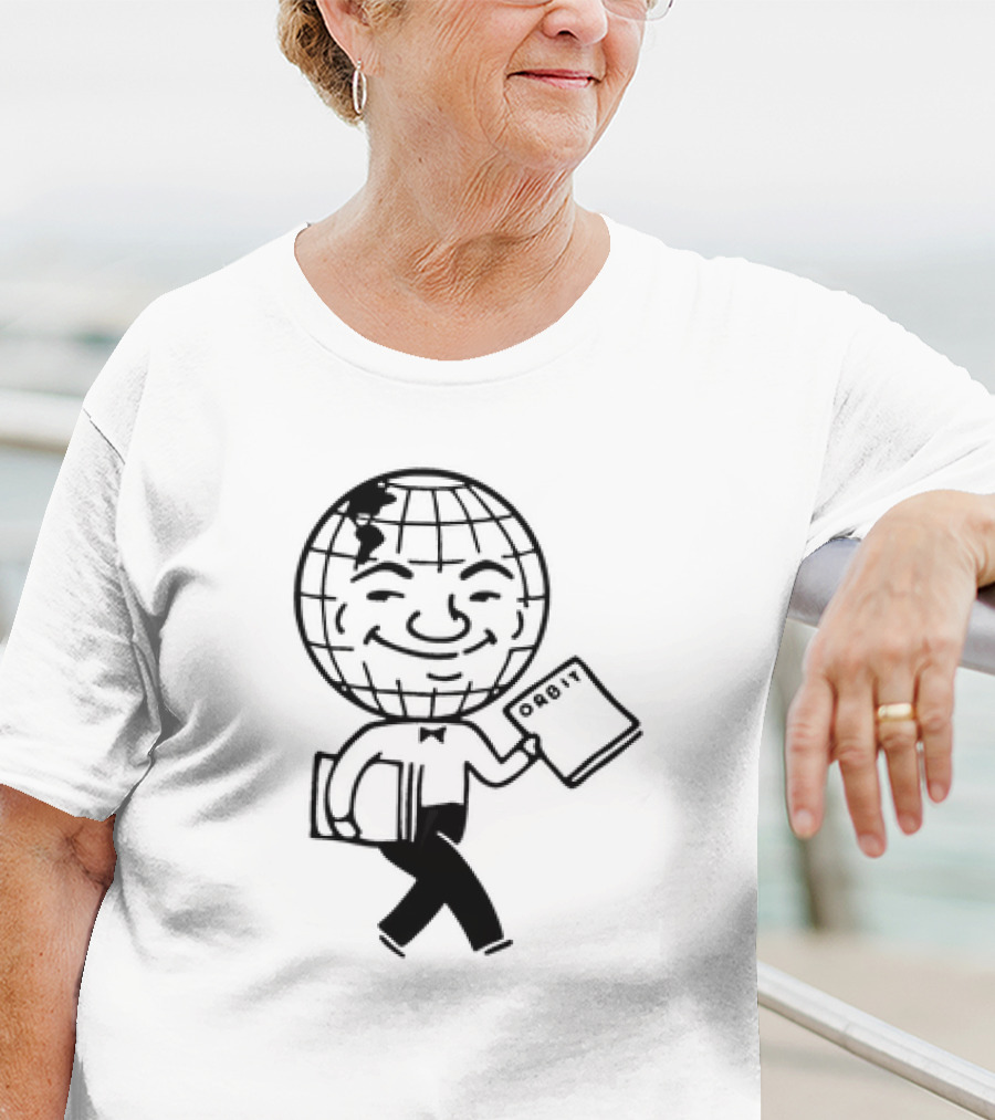 Orbit Magazine 1990 Vintage Smiling Globe Character Holding Magazine T-Shirt