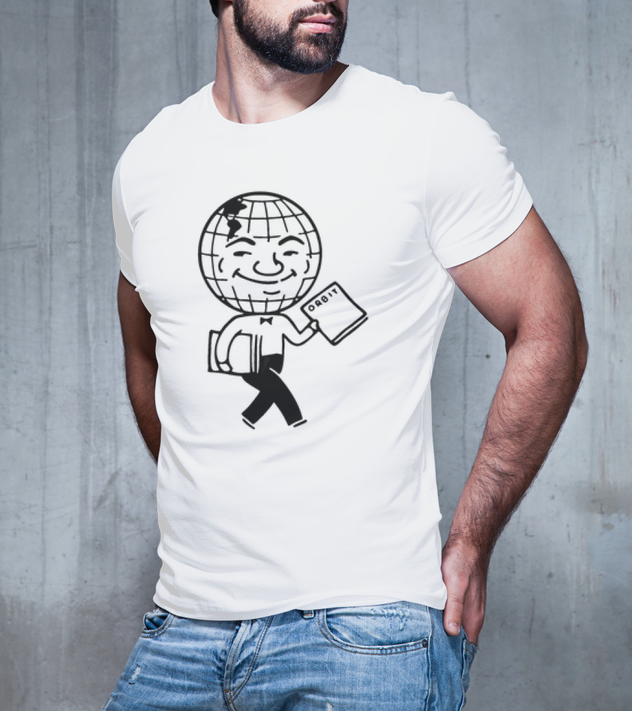 Orbit Magazine 1990 Vintage Smiling Globe Character Holding Magazine T-Shirt