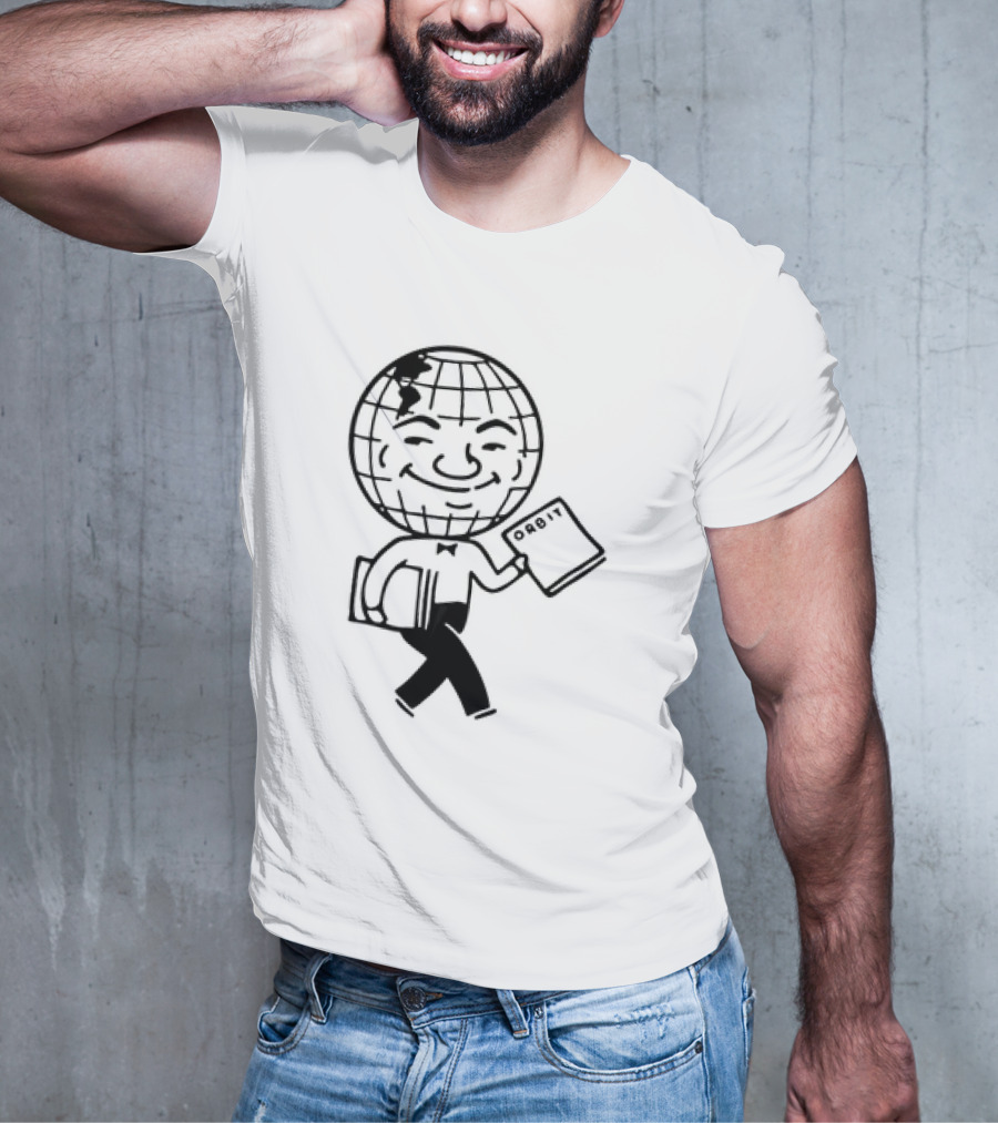 Orbit Magazine 1990 Vintage Smiling Globe Character Holding Magazine T-Shirt