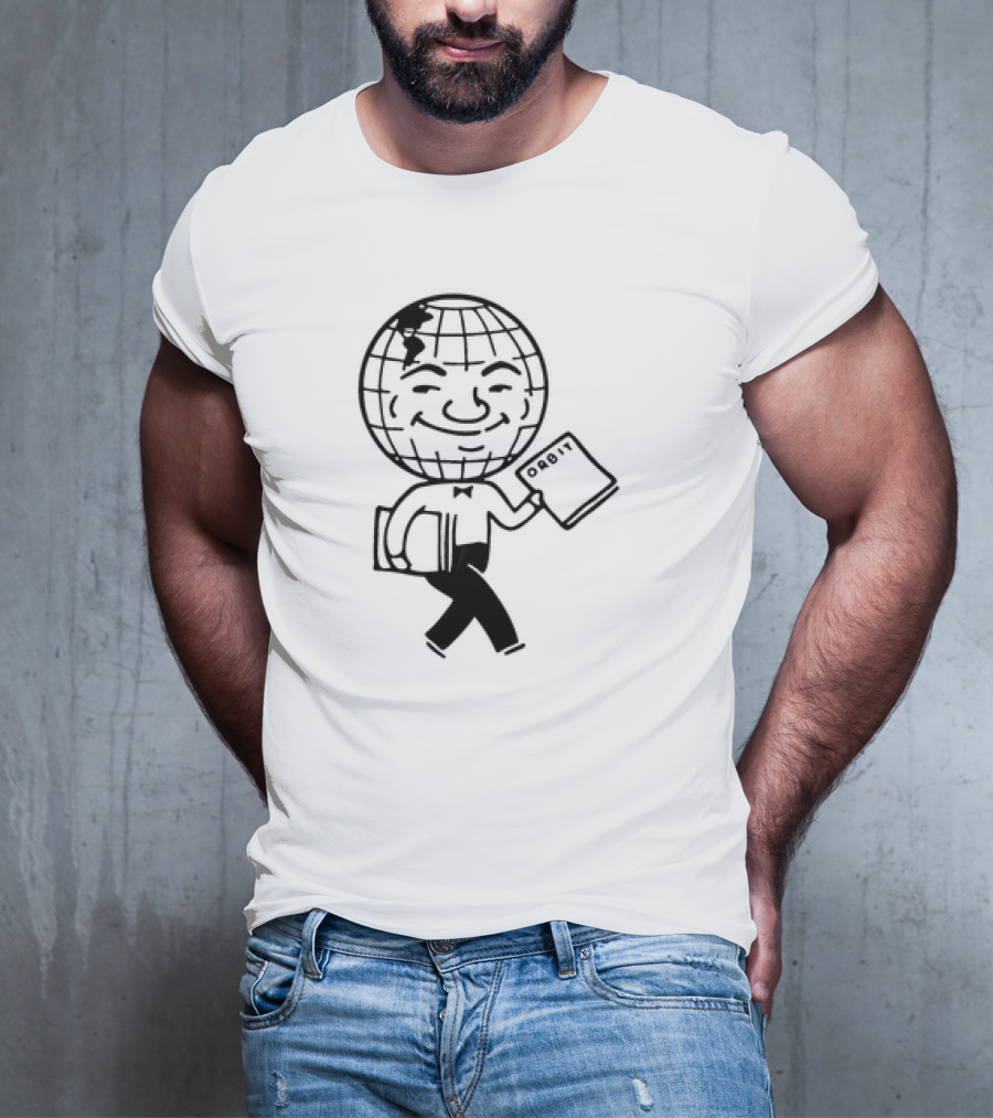 Orbit Magazine 1990 Vintage Smiling Globe Character Holding Magazine T-Shirt