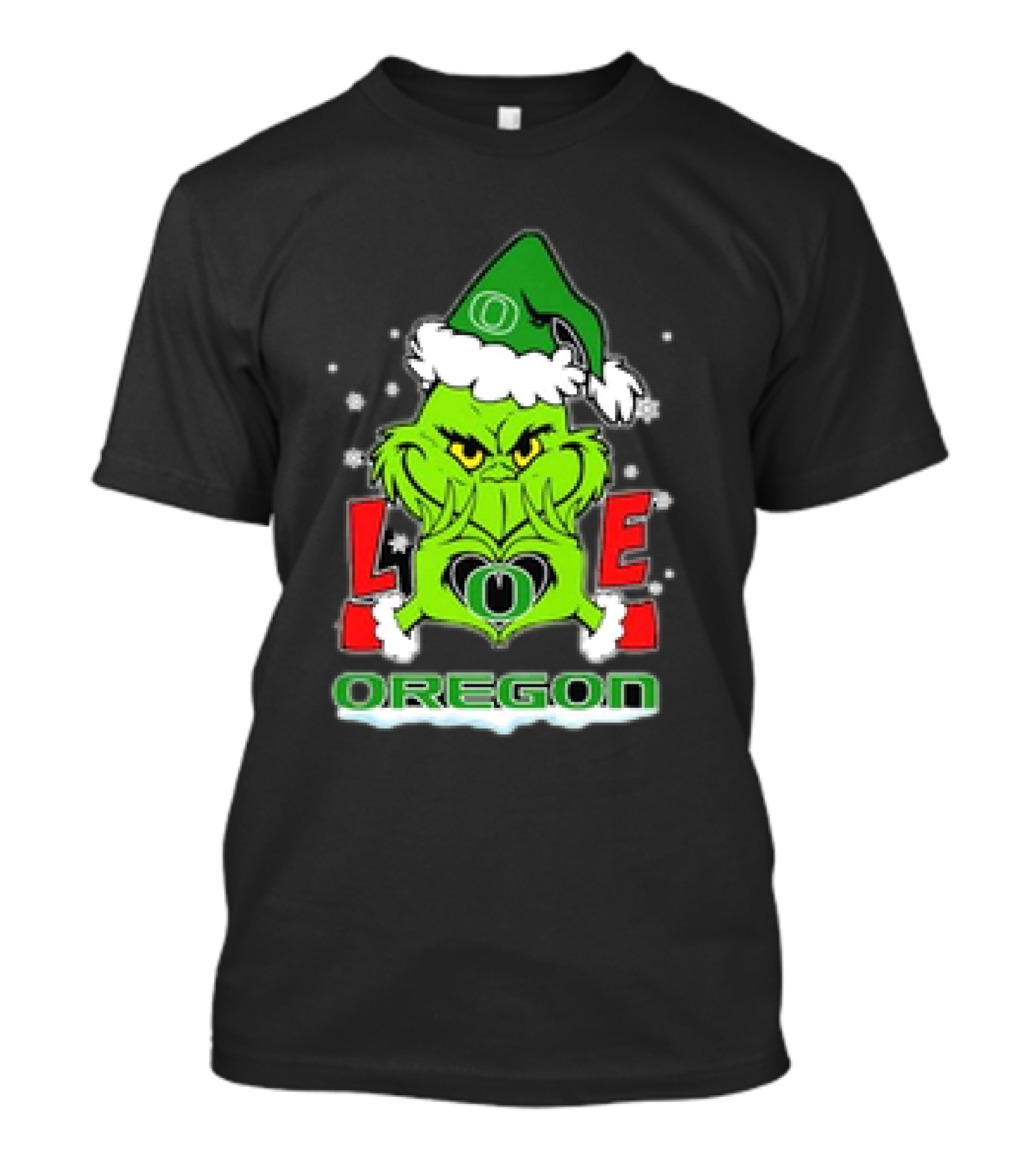 Grinch Hand Love Oregon Ducks Christmas Santa Hat Snowflakes T-Shirt