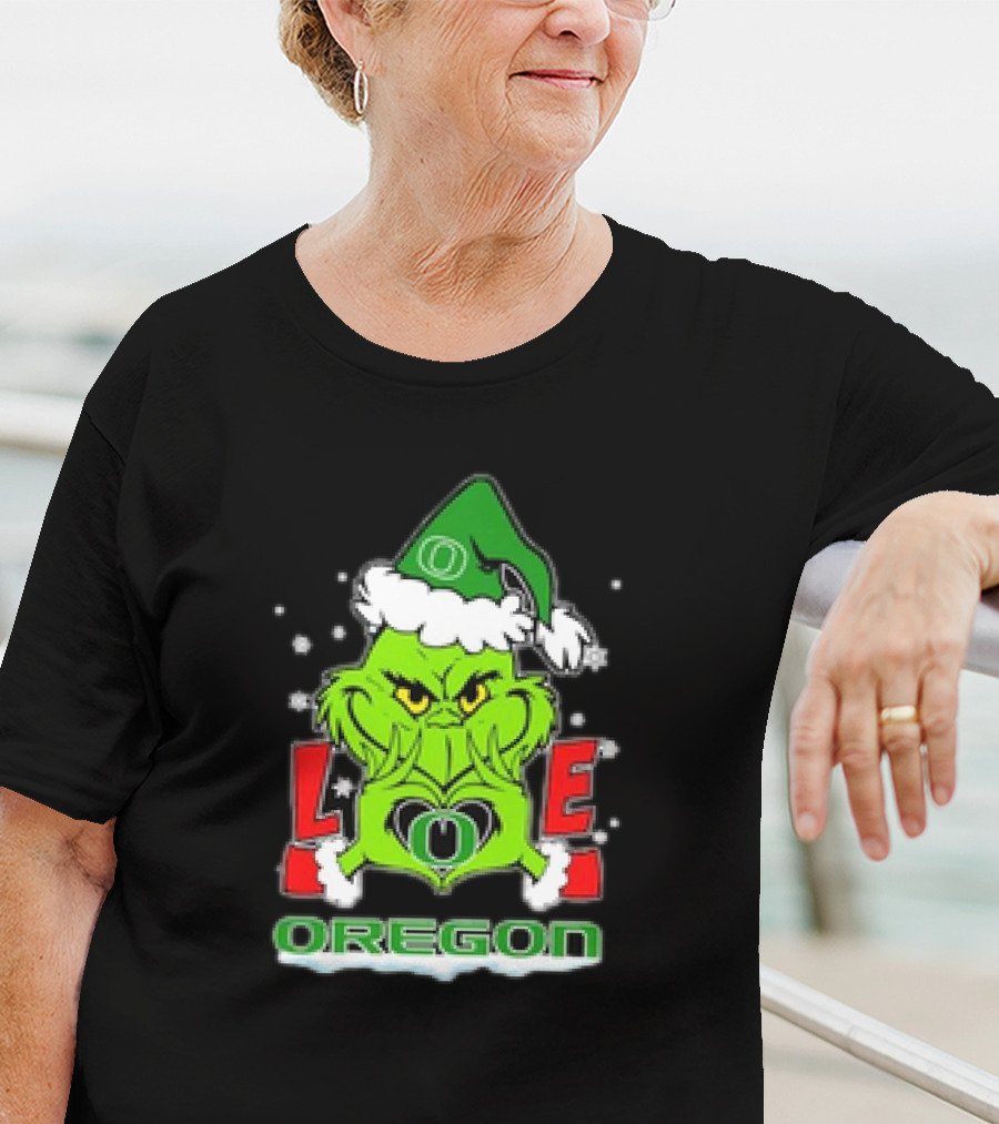 Grinch Hand Love Oregon Ducks Christmas Santa Hat Snowflakes T-Shirt