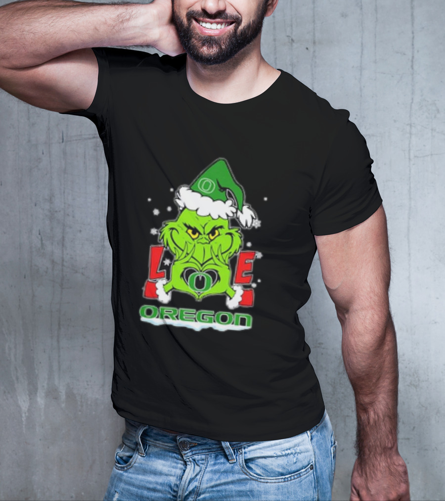 Grinch Hand Love Oregon Ducks Christmas Santa Hat Snowflakes T-Shirt