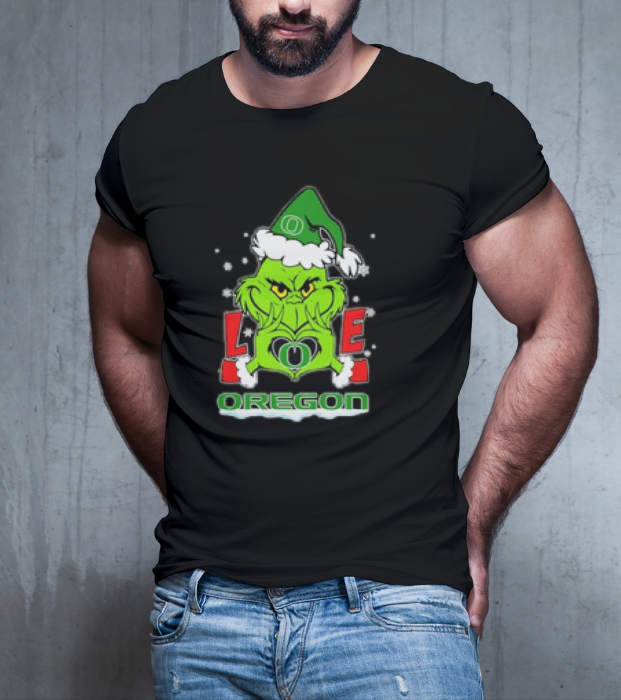 Grinch Hand Love Oregon Ducks Christmas Santa Hat Snowflakes T-Shirt