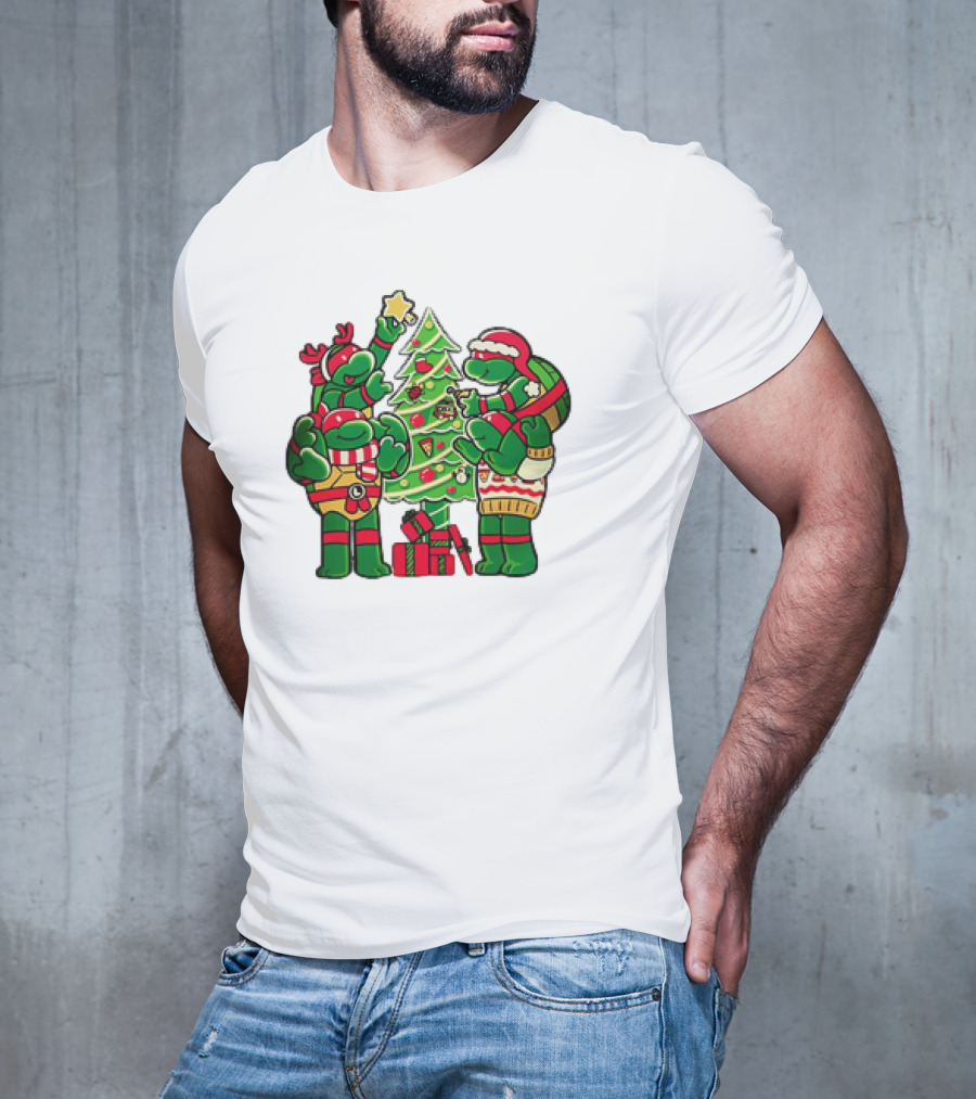 Cozy Xmas Teenage Mutant Ninja Turtles Christmas Tree Decorating Scene T-Shirt