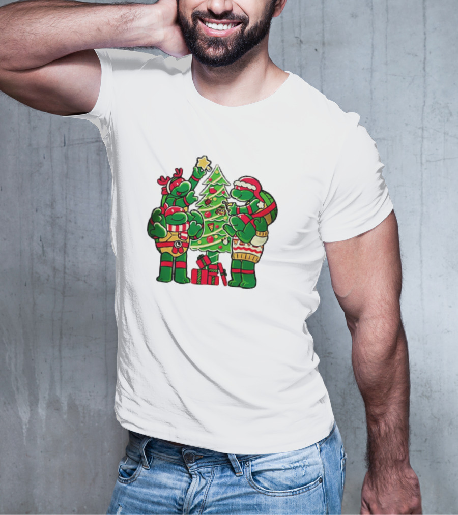 Cozy Xmas Teenage Mutant Ninja Turtles Christmas Tree Decorating Scene T-Shirt