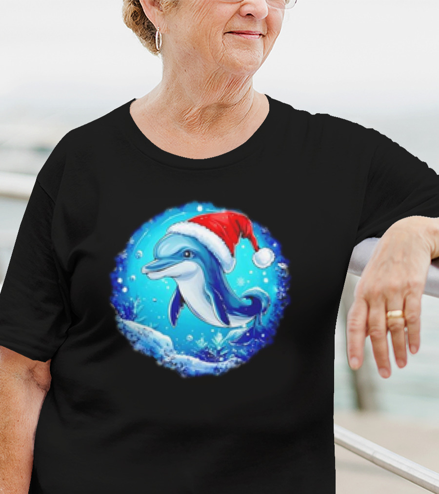 Dolphins Christmas Cute Santa Hat Snowflakes T-Shirt