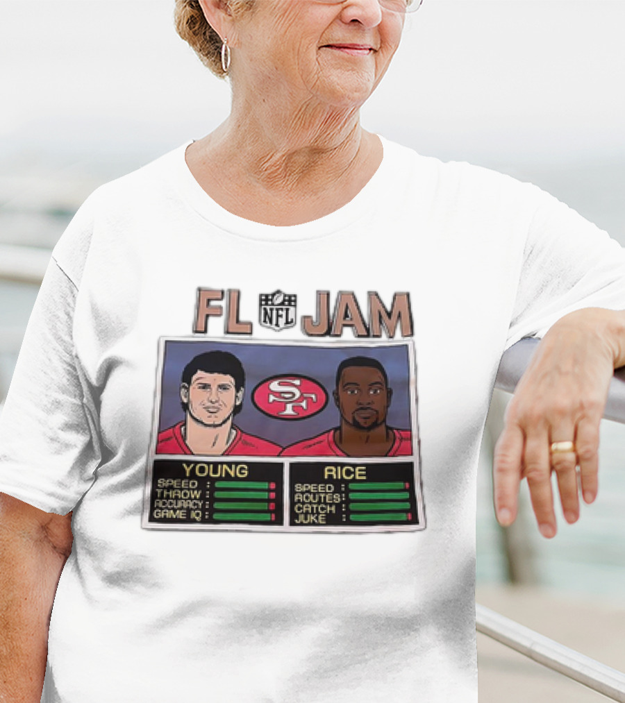 NFL Jam San Francisco 49ers Young Rice Speed Throw Catch T-Shirt