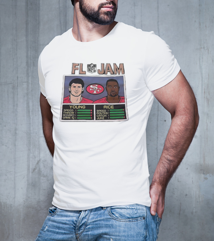 NFL Jam San Francisco 49ers Young Rice Speed Throw Catch T-Shirt