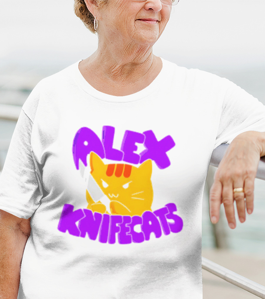 Alex Knifecats Orange Cat Purple Text T-Shirt