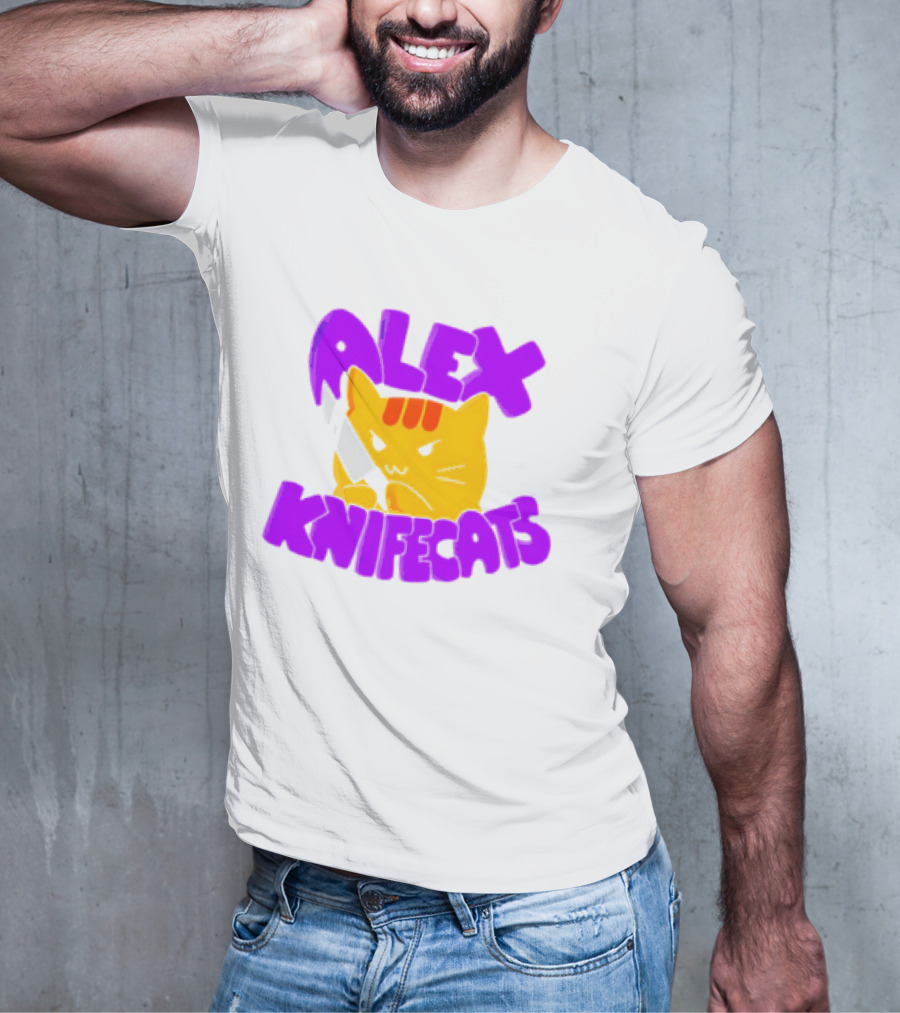 Alex Knifecats Orange Cat Purple Text T-Shirt