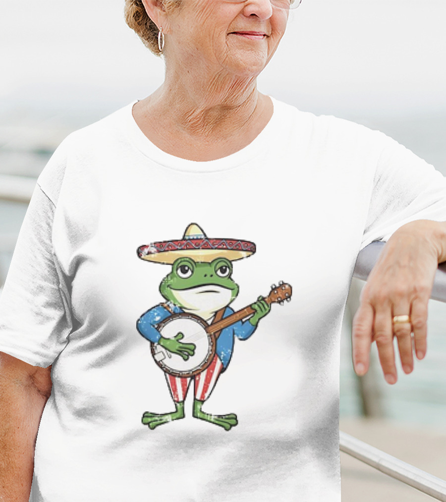 Frog In Sombrero Playing Banjo In Patriotic T-Shirt