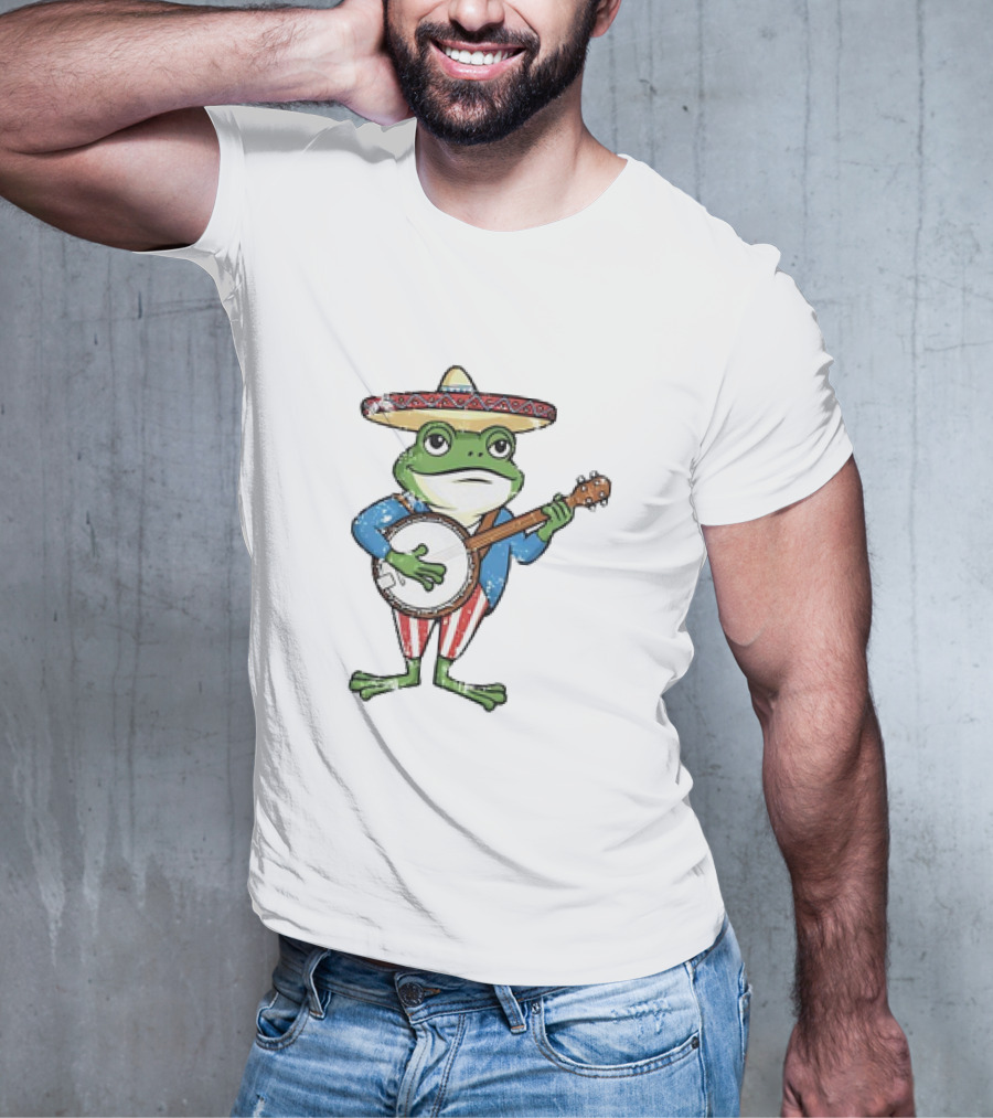Frog In Sombrero Playing Banjo In Patriotic T-Shirt