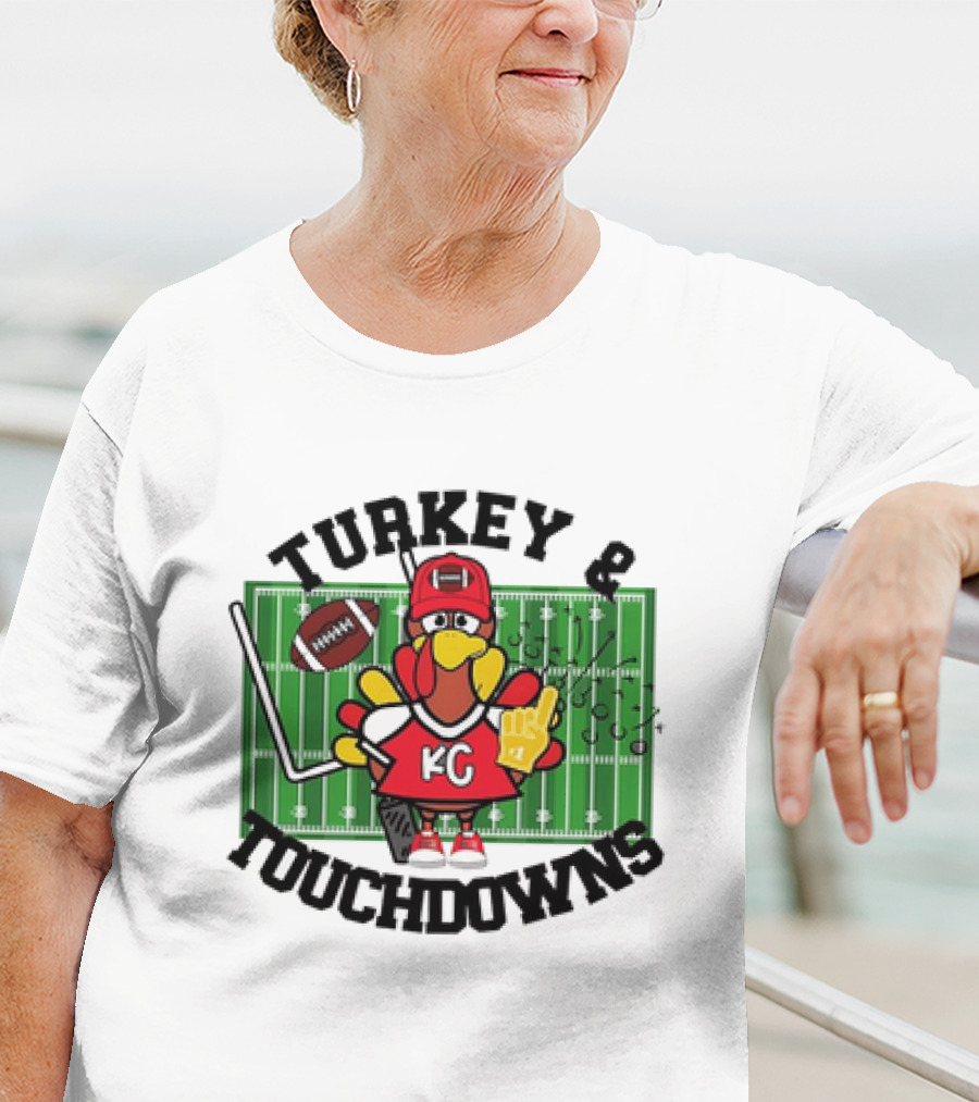 Turkey And Touchdowns Kansas City Chiefs Football Field Cartoon T-Shirt