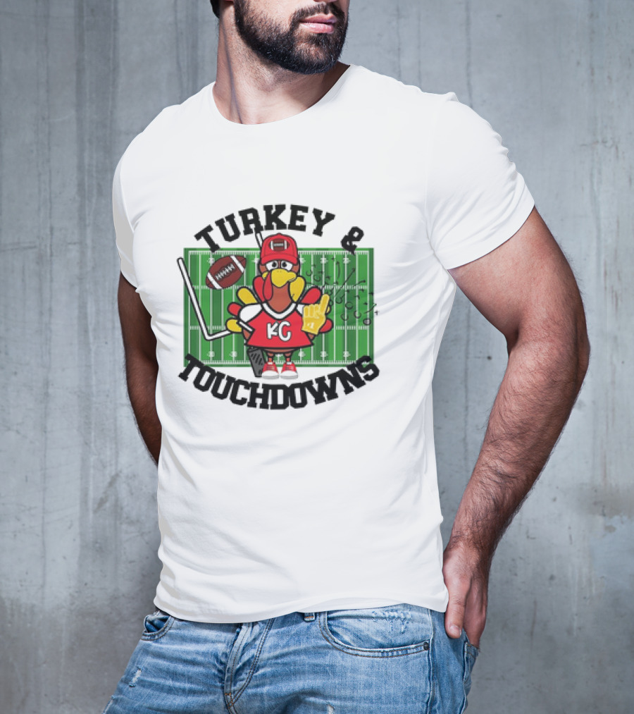 Turkey And Touchdowns Kansas City Chiefs Football Field Cartoon T-Shirt