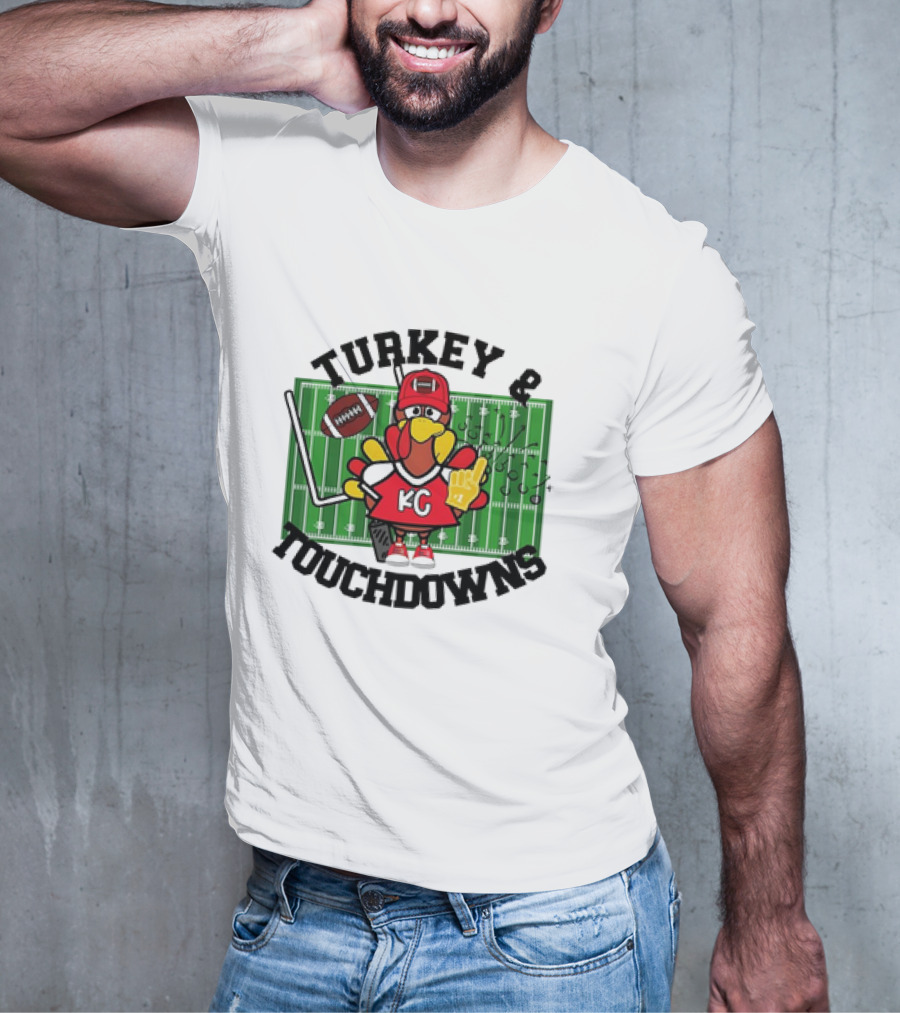 Turkey And Touchdowns Kansas City Chiefs Football Field Cartoon T-Shirt