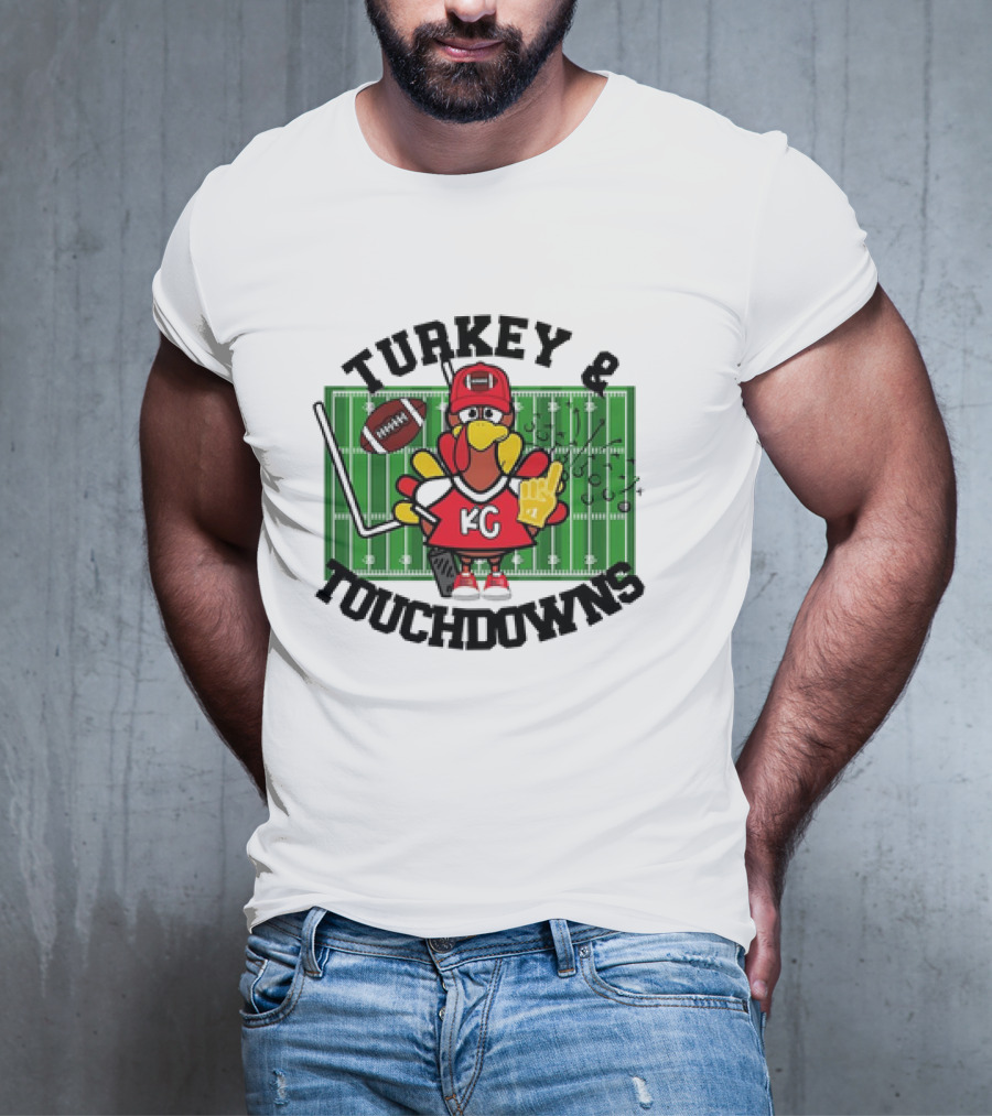 Turkey And Touchdowns Kansas City Chiefs Football Field Cartoon T-Shirt