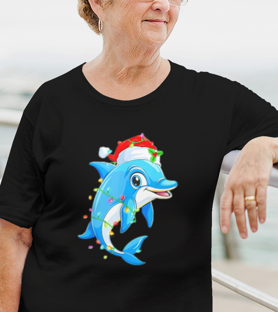 Dolphin In Santa Hat Wrapped In Christmas Tree Lights Pajamas T-Shirt