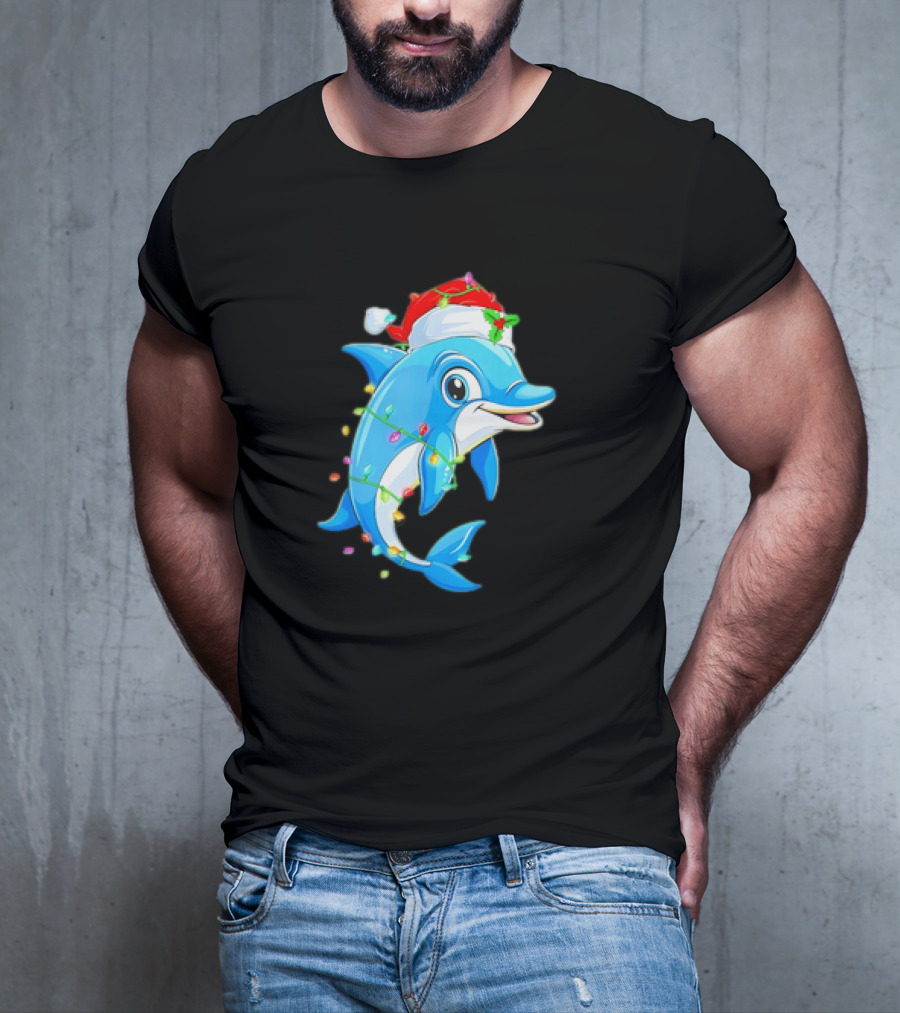 Dolphin In Santa Hat Wrapped In Christmas Tree Lights Pajamas T-Shirt