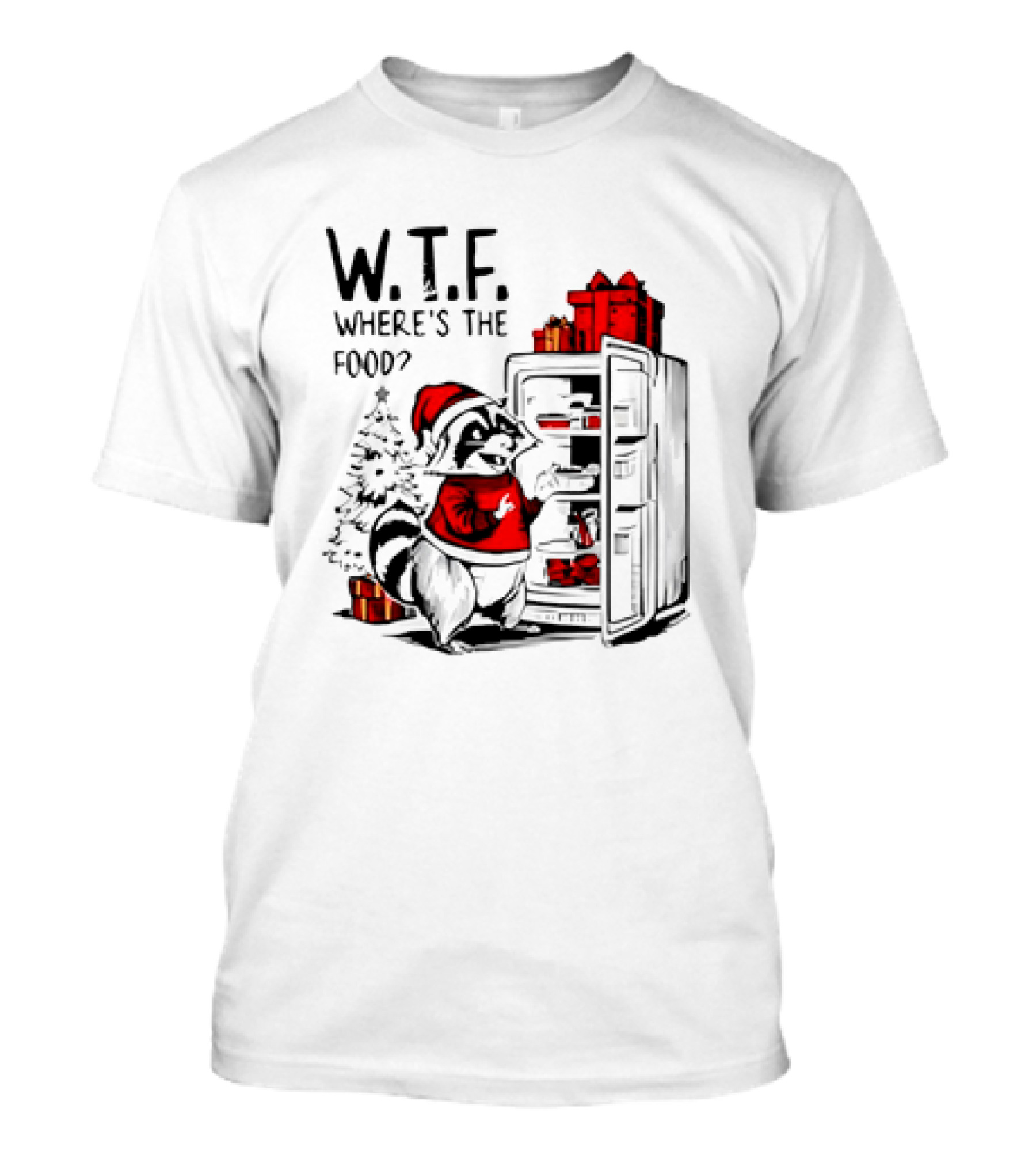 W.T.F. Where's The Food Christmas Foodie Raccoon With Fridge And Santa Hat T-Shirt