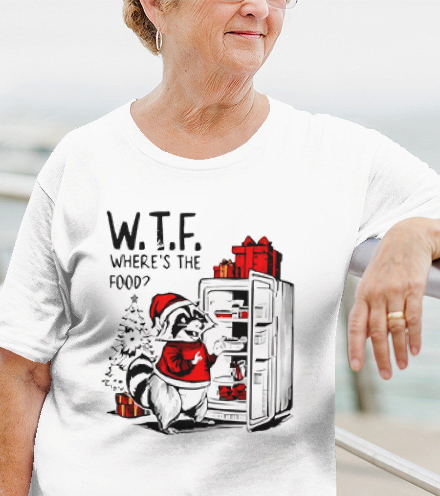 W.T.F. Where's The Food Christmas Foodie Raccoon With Fridge And Santa Hat T-Shirt