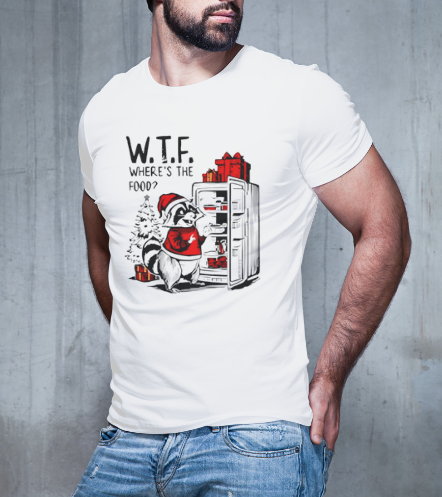 W.T.F. Where's The Food Christmas Foodie Raccoon With Fridge And Santa Hat T-Shirt