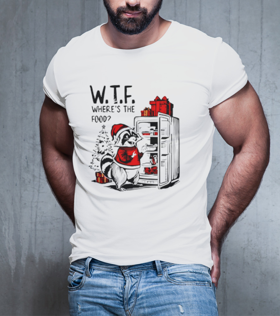 W.T.F. Where's The Food Christmas Foodie Raccoon With Fridge And Santa Hat T-Shirt