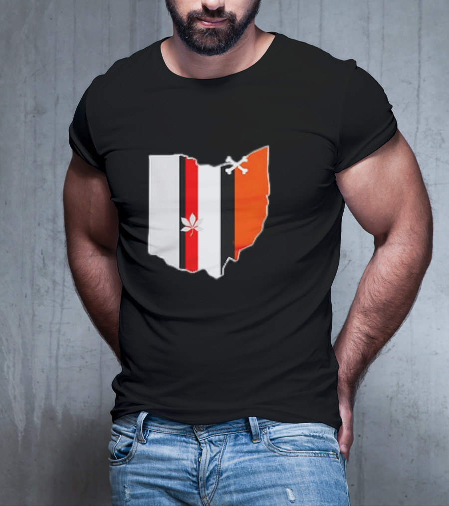 Ohio Map Stripes Football Buckeye Leaf Browns Colors T-Shirt