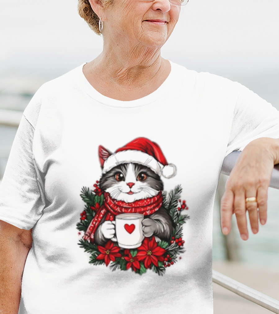 Christmas Cat Santa Hat Coffee Mug Festive T-Shirt