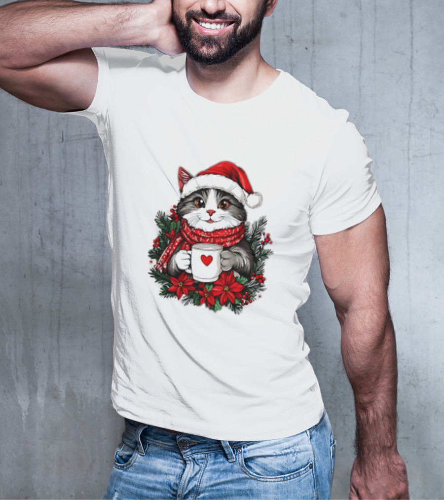 Christmas Cat Santa Hat Coffee Mug Festive T-Shirt